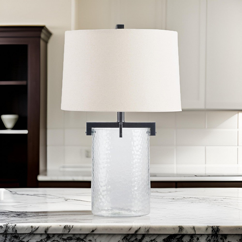 25 Inch Table Lamp White Drum Shade Clear Glass Base Black Metal Frame By Casagear Home BM317486