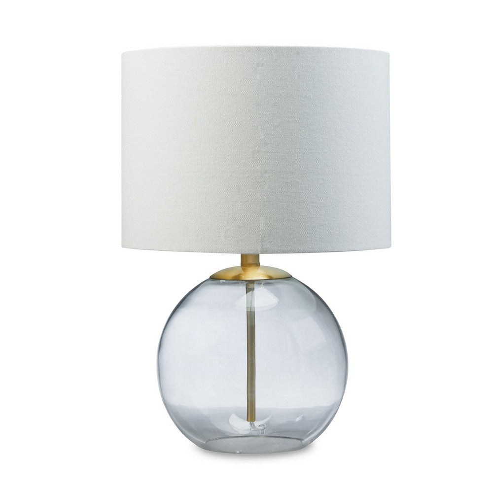 21 Inch Table Lamp, White Drum Shade, Round Clear Glass Base, Brass Metal By Casagear Home