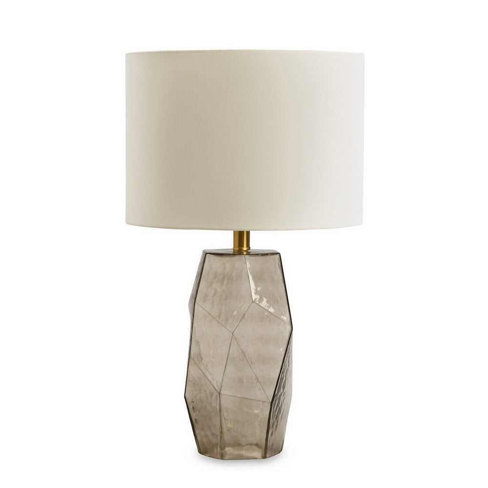 24 Inch Table Lamp Hexagonal Textured Glass Base Drum Shade Gray By Casagear Home BM317490