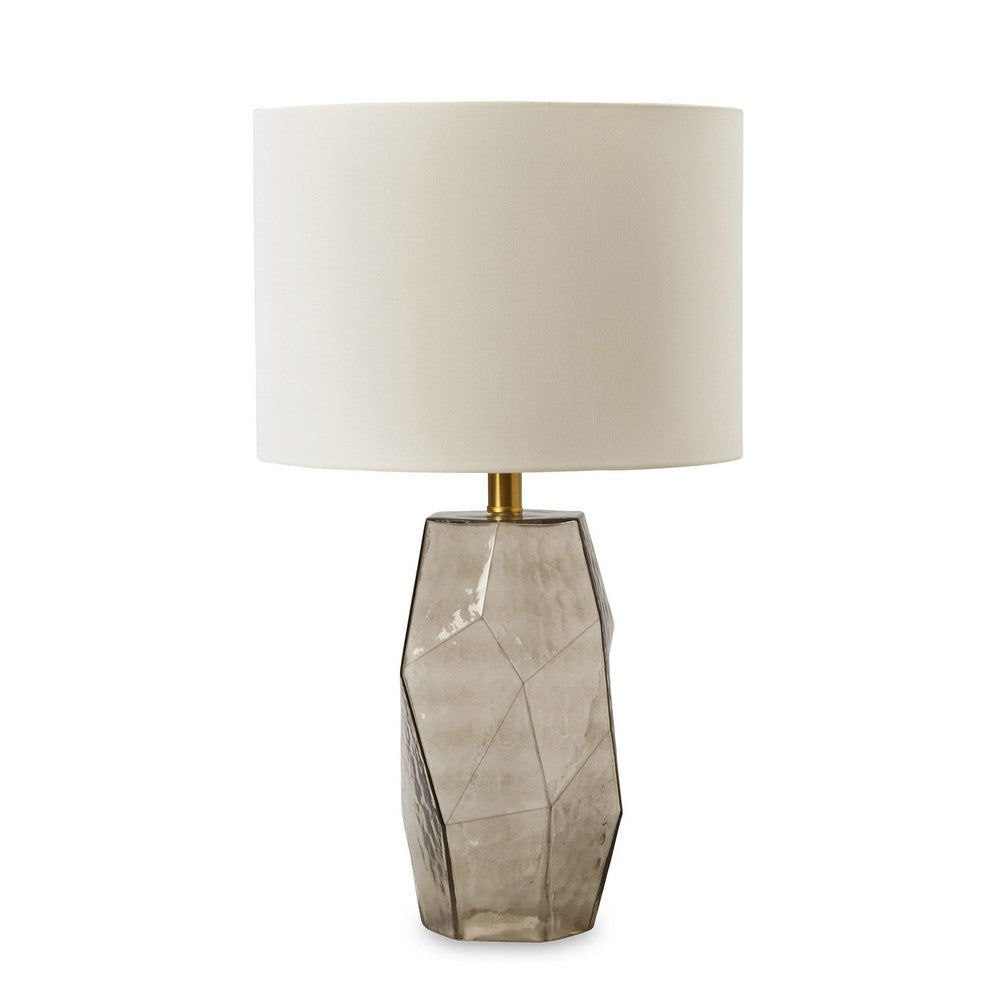 24 Inch Table Lamp, Hexagonal Textured Glass Base, Drum Shade, Gray By Casagear Home