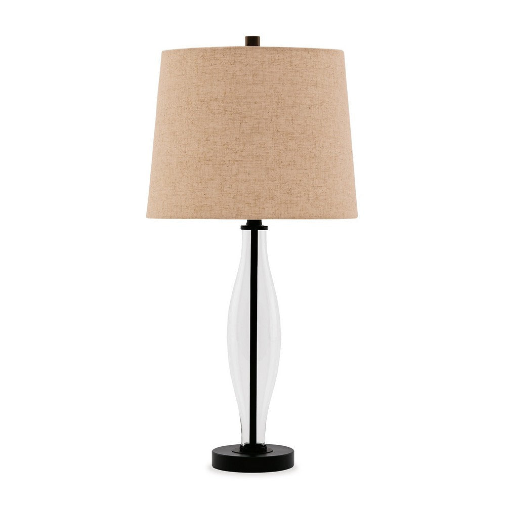 29 Inch Table Lamp Set of 2, Clear Glass Base, Cream Drum Shade, Black By Casagear Home