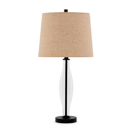 29 Inch Table Lamp Set of 2, Clear Glass Base, Cream Drum Shade, Black By Casagear Home