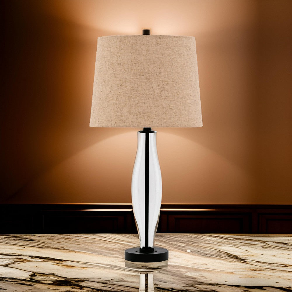 29 Inch Table Lamp Set of 2 Clear Glass Base Cream Drum Shade Black By Casagear Home BM317492