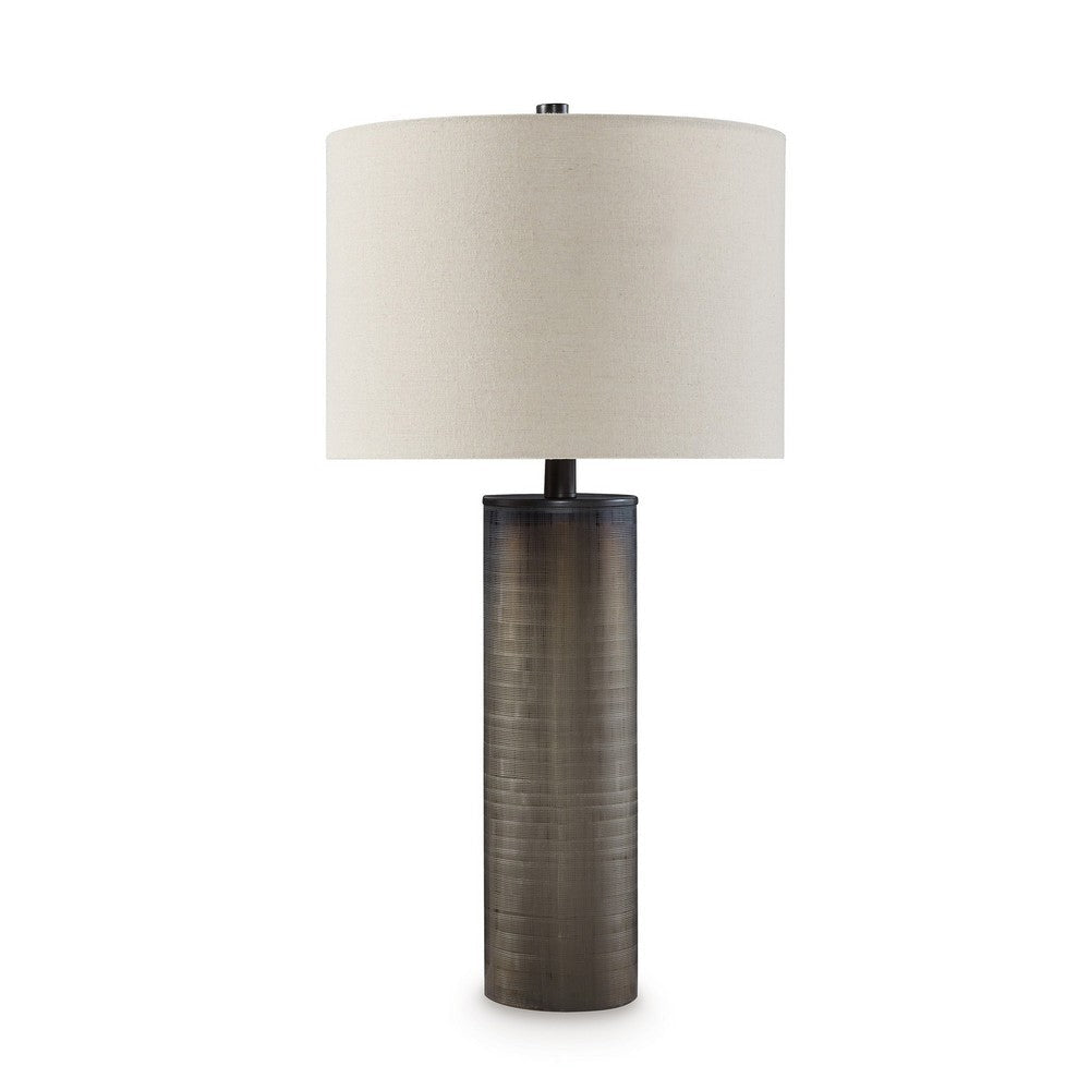 28 Inch Table Lamp Brown Carved Frosted Glass White Drum Fabric Shade By Casagear Home BM317493