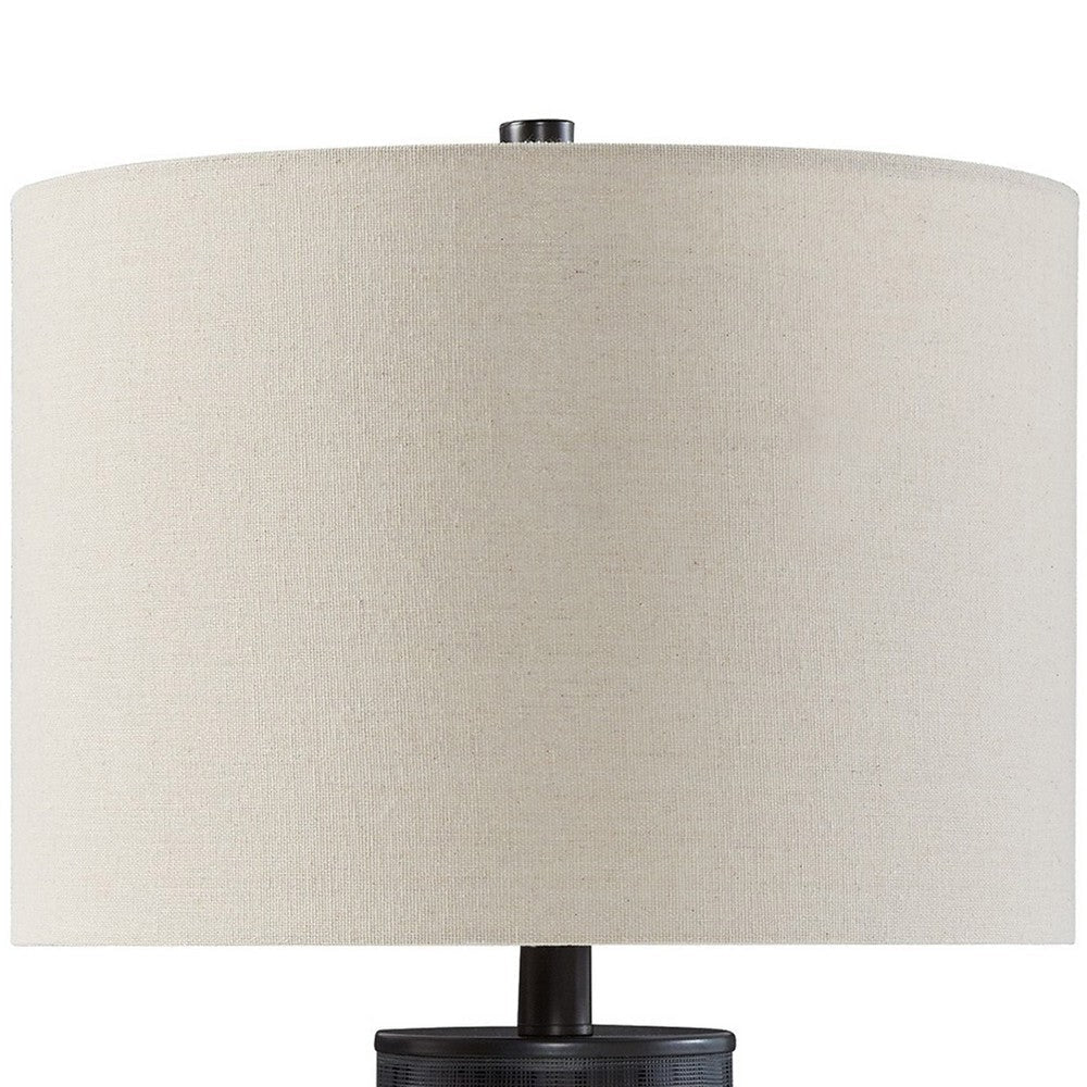 28 Inch Table Lamp Brown Carved Frosted Glass White Drum Fabric Shade By Casagear Home BM317493