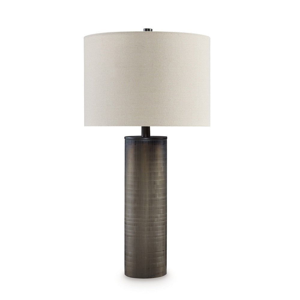 28 Inch Table Lamp, Brown Carved Frosted Glass, White Drum Fabric Shade By Casagear Home