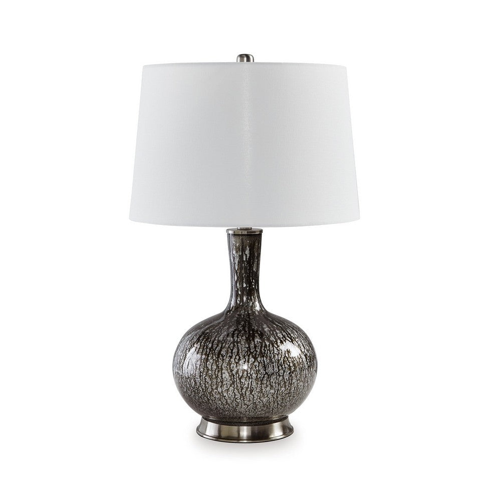 26 Inch Table Lamp, Tall Black Round Glass Base, White Drum Fabric Shade By Casagear Home