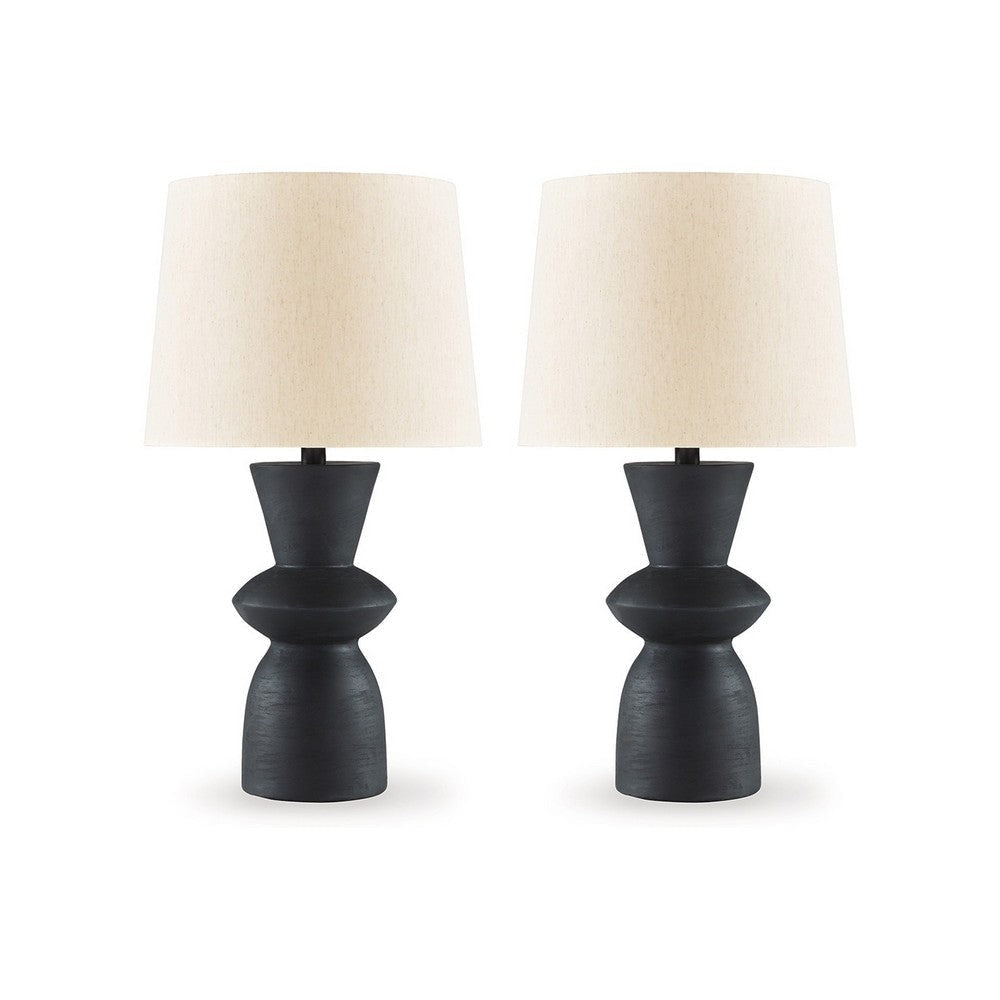 25 Inch Table Lamp Set of 2, Black Sculptural Solid Base, Drum Hardback By Casagear Home