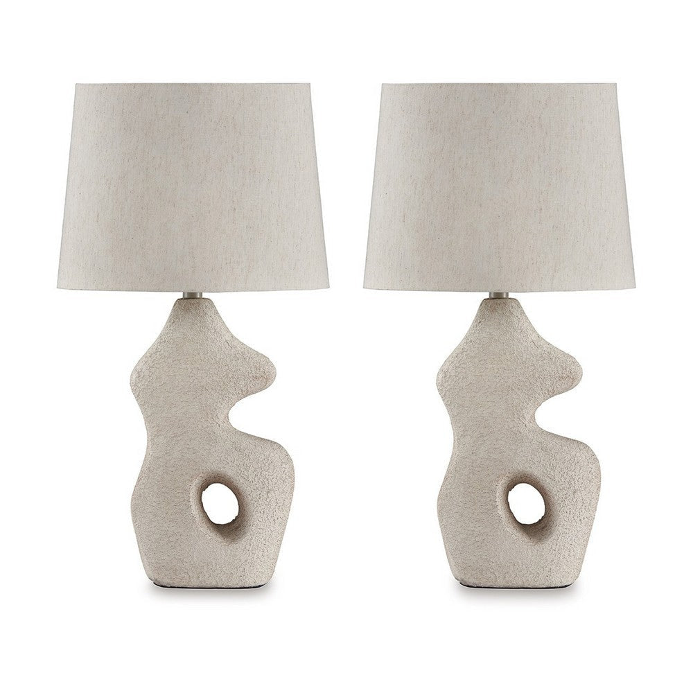 26 Inch Table Lamp Set of 2, Beige Sculptural Base, Empire Fabric Shade By Casagear Home