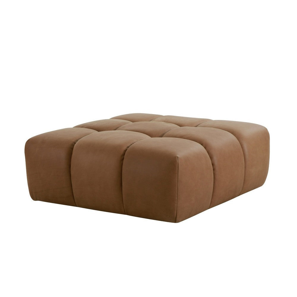 40 Inch Ottoman Square Cushioned Tufted Seat Brown Genuine Leather By Casagear Home BM317502