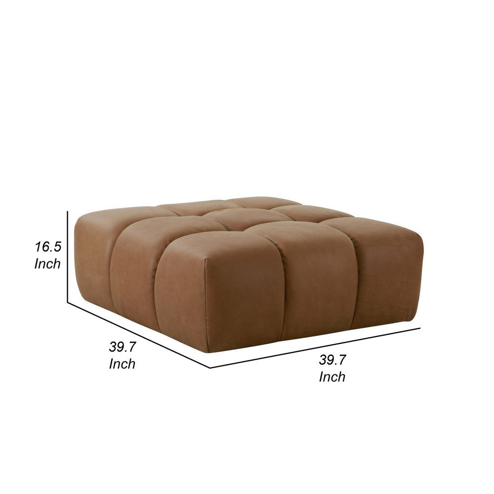 40 Inch Ottoman Square Cushioned Tufted Seat Brown Genuine Leather By Casagear Home BM317502