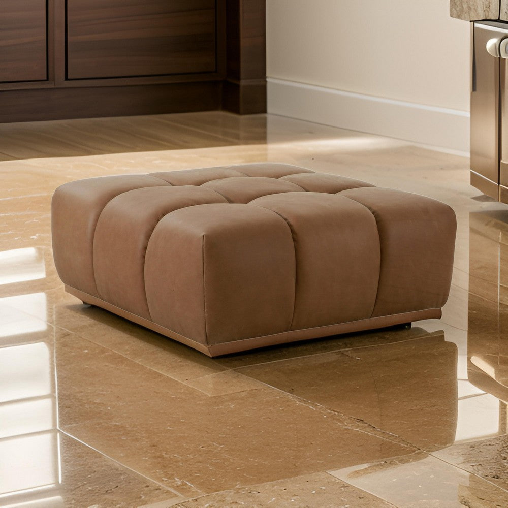 40 Inch Ottoman Square Cushioned Tufted Seat Brown Genuine Leather By Casagear Home BM317502