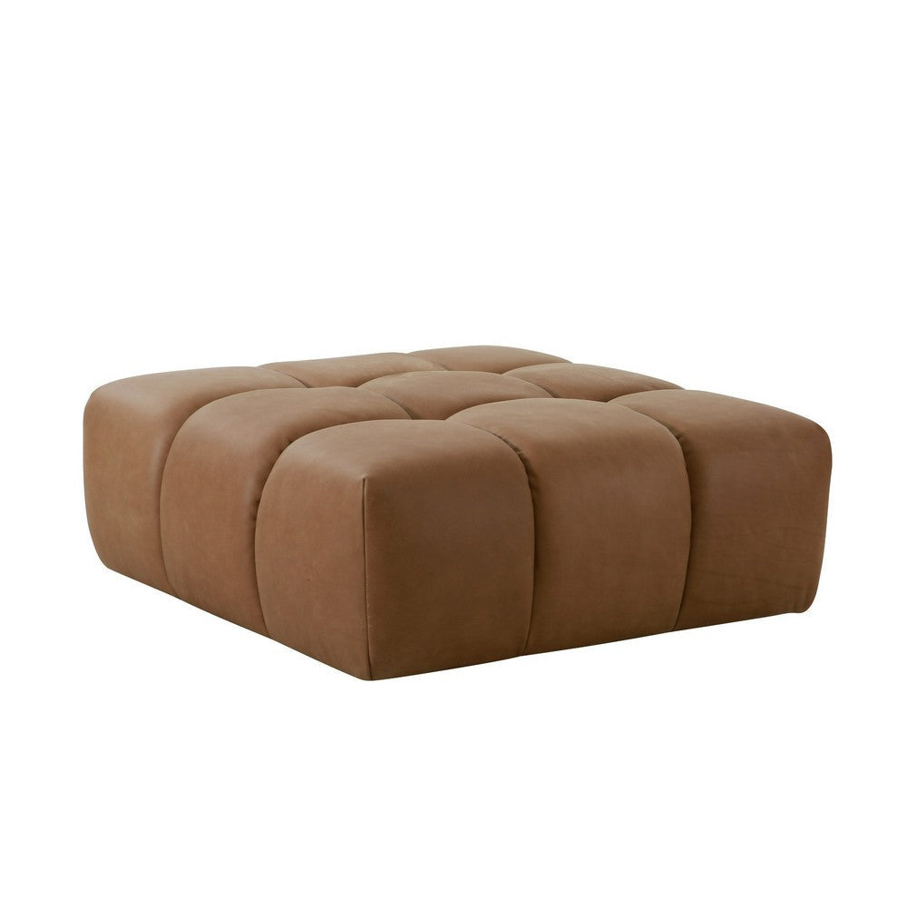 40 Inch Ottoman, Square Cushioned Tufted Seat, Brown Genuine Leather By Casagear Home