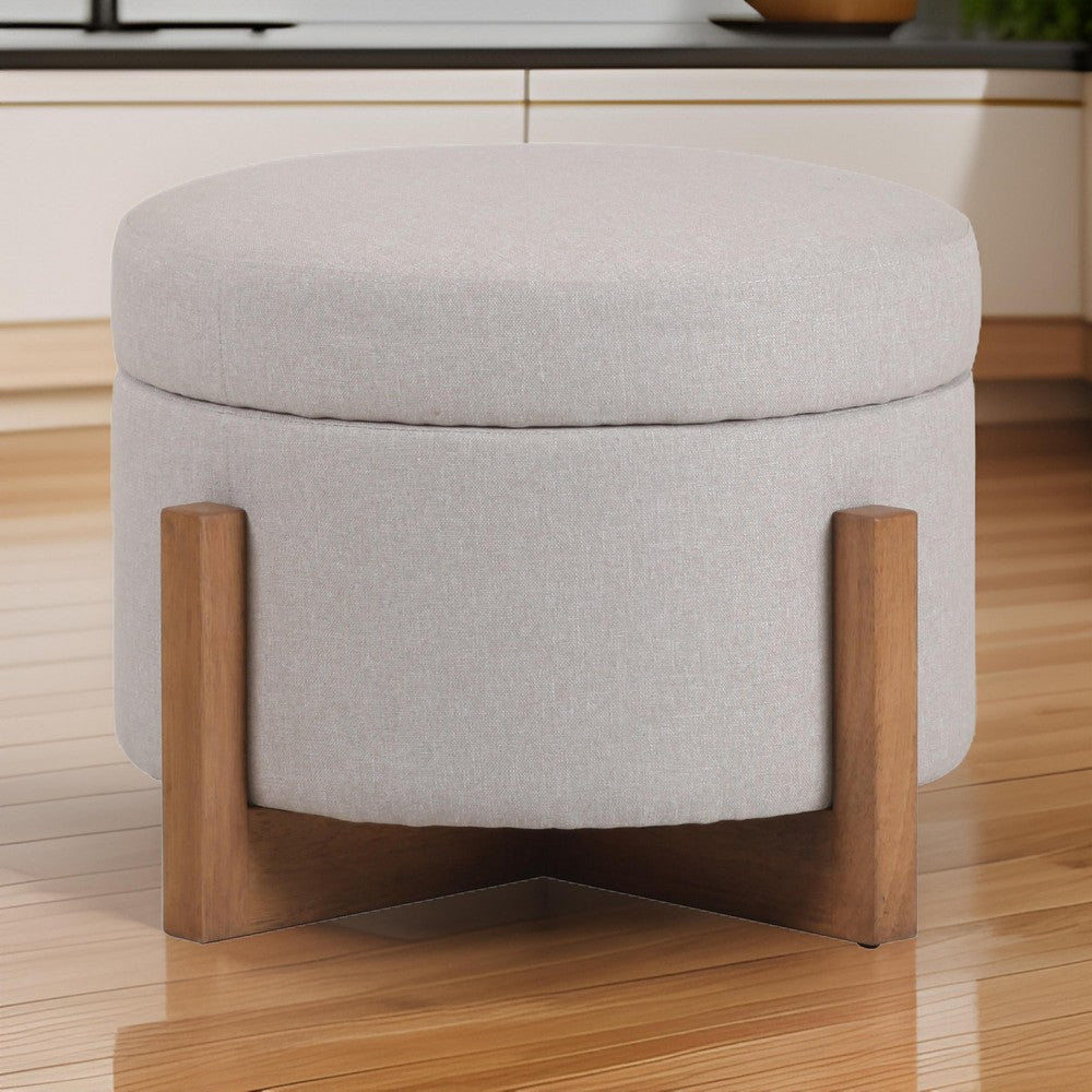 24 Inch Ottoman Round Cushioned Storage Seat Gray Polyester Brown Wood By Casagear Home BM317505