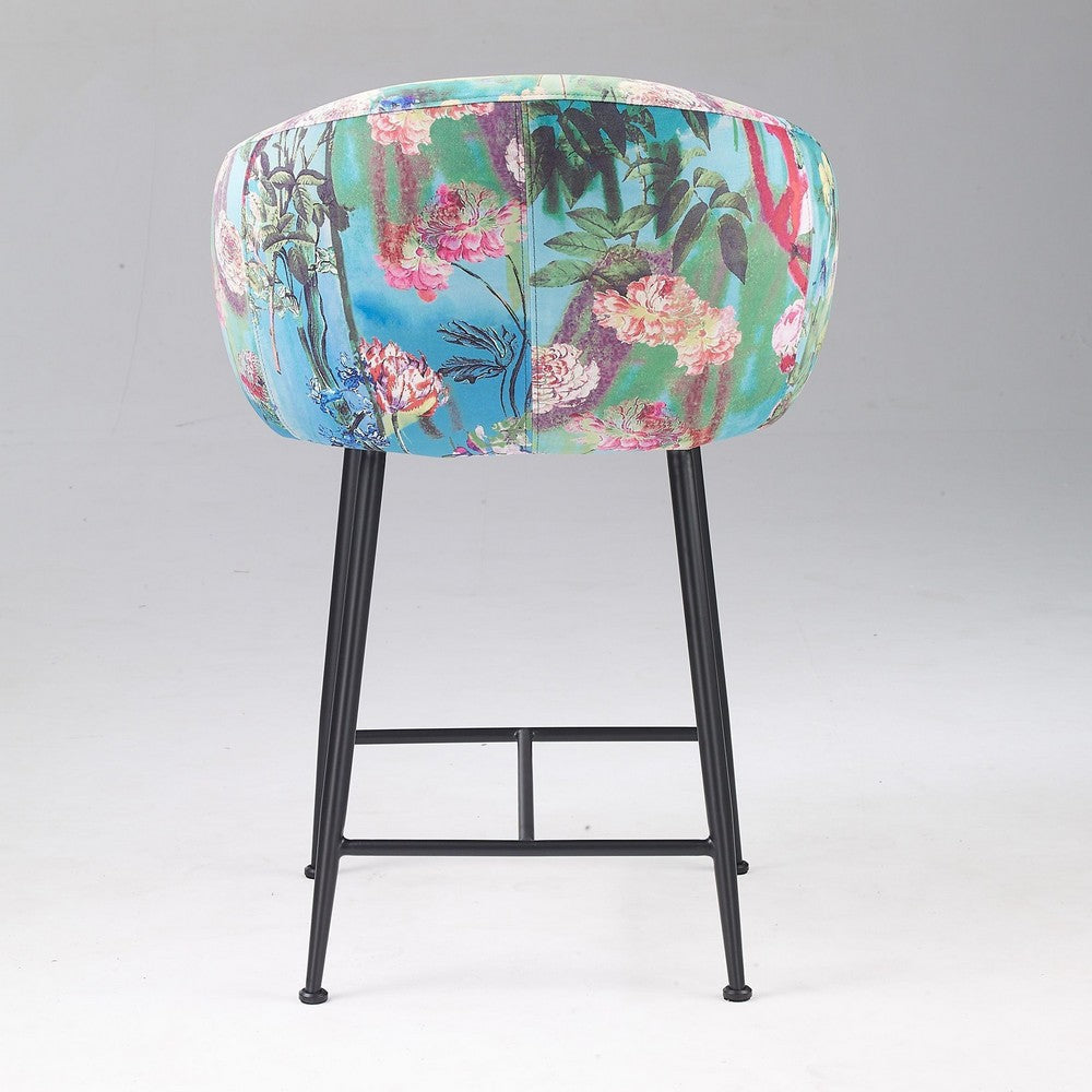 26 Inch Counter Stool Chair Botanical Floral Print Blue Velvet Black Legs By Casagear Home BM317514