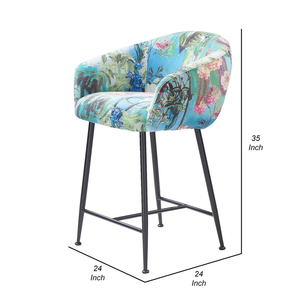 26 Inch Counter Stool Chair Botanical Floral Print Blue Velvet Black Legs By Casagear Home BM317514