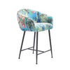 26 Inch Counter Stool Chair, Botanical Floral Print Blue Velvet, Black Legs By Casagear Home