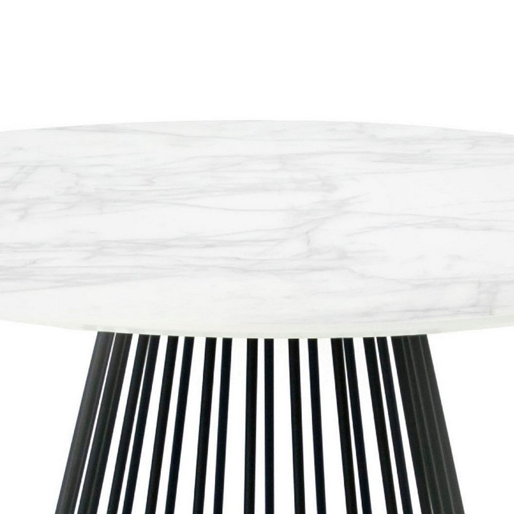 43 Inch Round Dining Table White Faux Marble Top Black Pedestal Base By Casagear Home BM317517