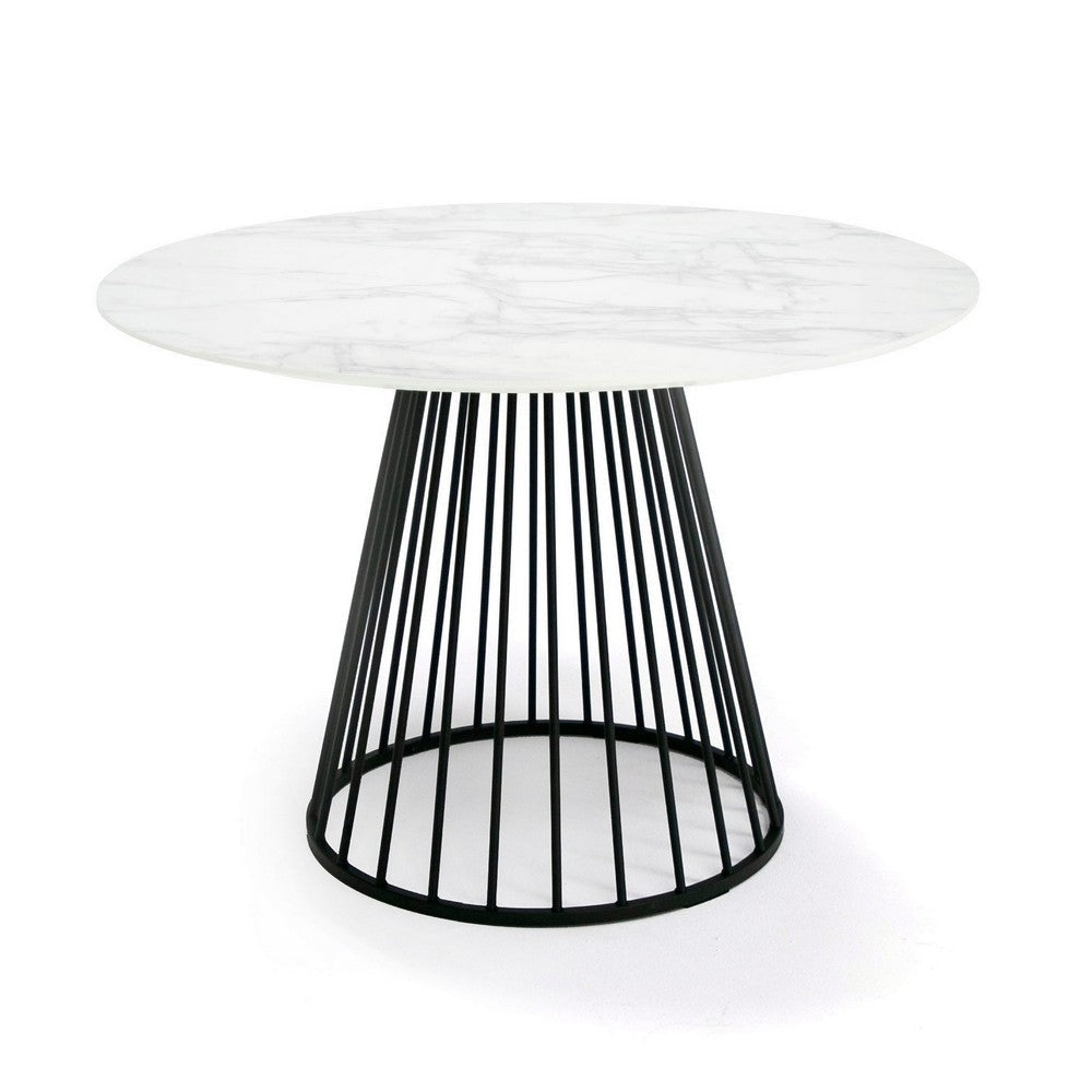 43 Inch Round Dining Table, White Faux Marble Top, Black Pedestal Base By Casagear Home