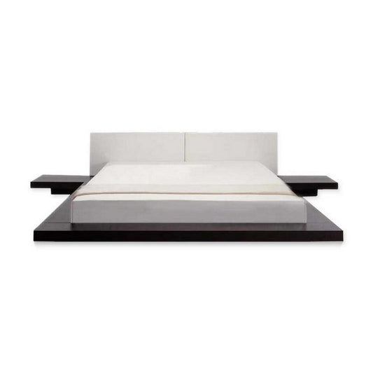 Todo Queen Size Platform Bed with Nightstands, White Upholstery, Black Oak By Casagear Home