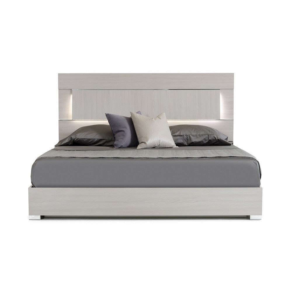 Cid Aiza Queen Platform Bed, LED Lighted Headboard, Chrome Acrylic, Gray By Casagear Home