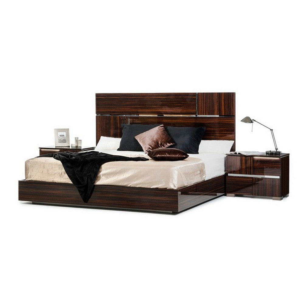 Cass King Size Platform Bed, Silver Accent Headboard, Ebony Brown Lacquer By Casagear Home