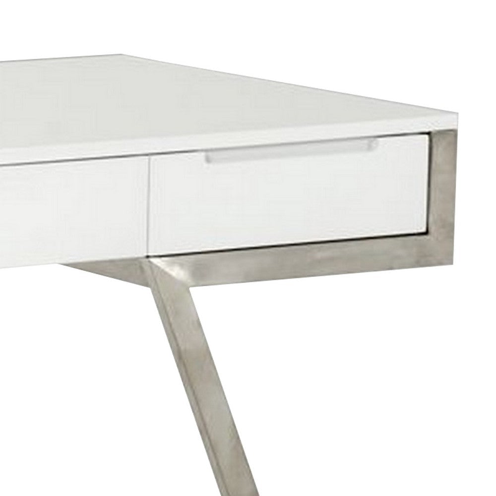 63 Inch Office Desk with a Drawer White Gloss Finish Chrome Metal Frame By Casagear Home BM317535