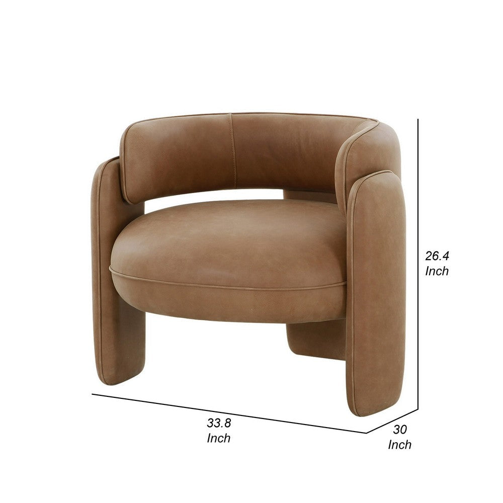 34 Inch Accent Chair Barrel Low Profile Design Brown Genuine Leather By Casagear Home BM317540