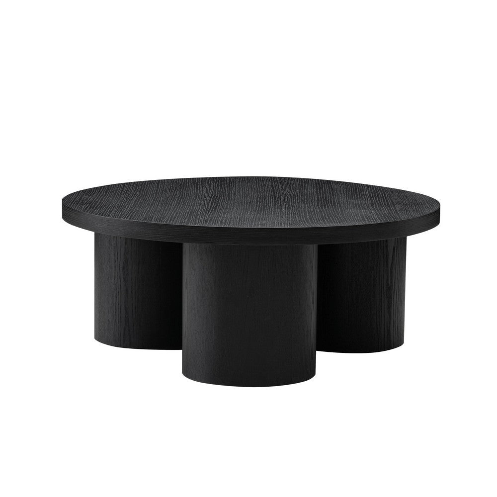 Cid Smith 36 Inch Coffee Table, Round Top and Legs, Black Solid Oak Wood By Casagear Home