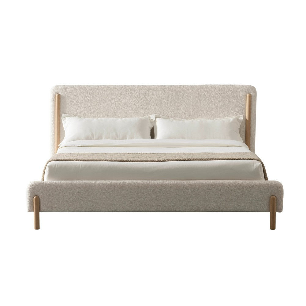 Cid Ellie Queen Size Bed, Ivory Polyester Upholstery, Solid Rubberwood By Casagear Home