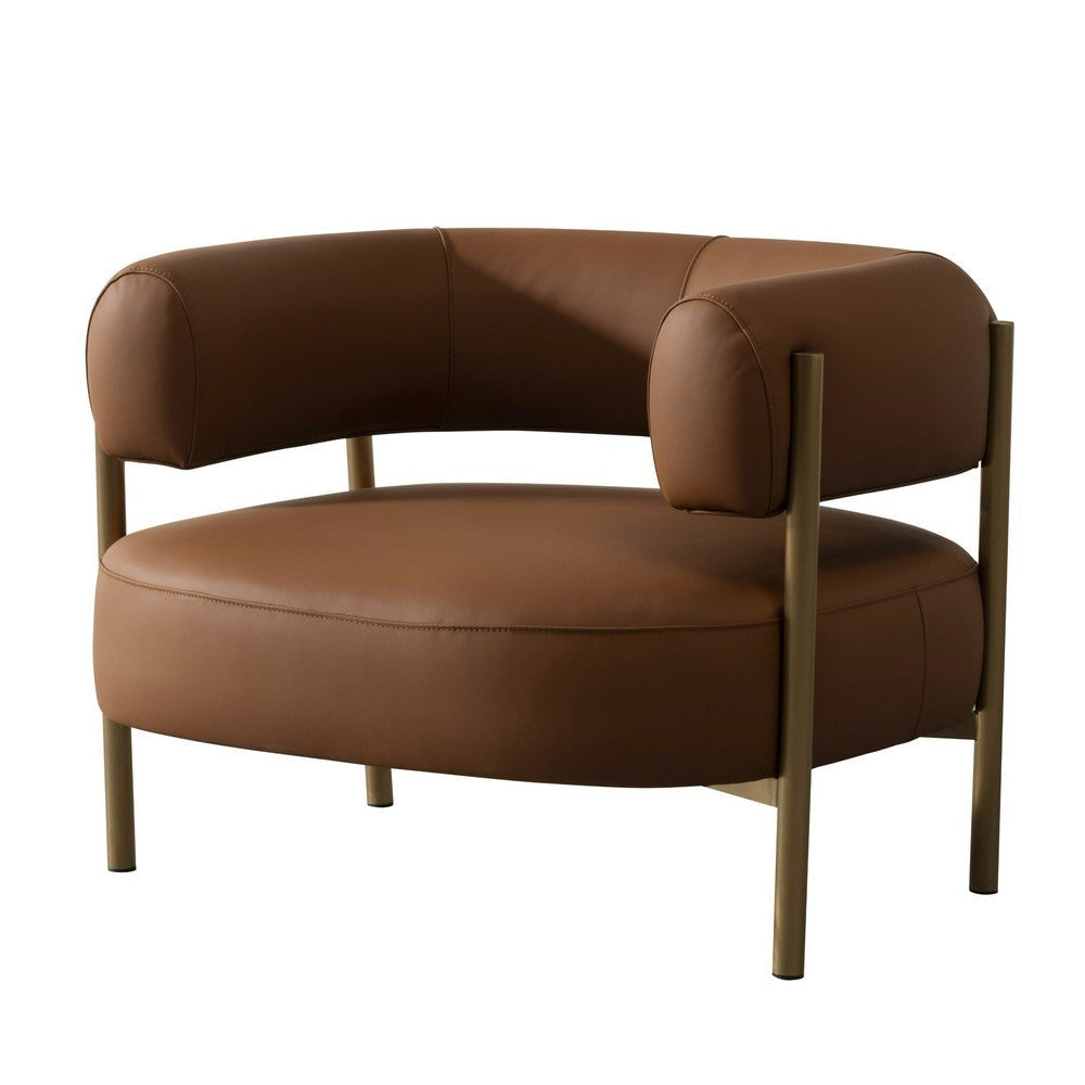 Cid Ziva Curved Accent Chair Brown Top Grain Genuine Leather Metal Wood By Casagear Home BM317588