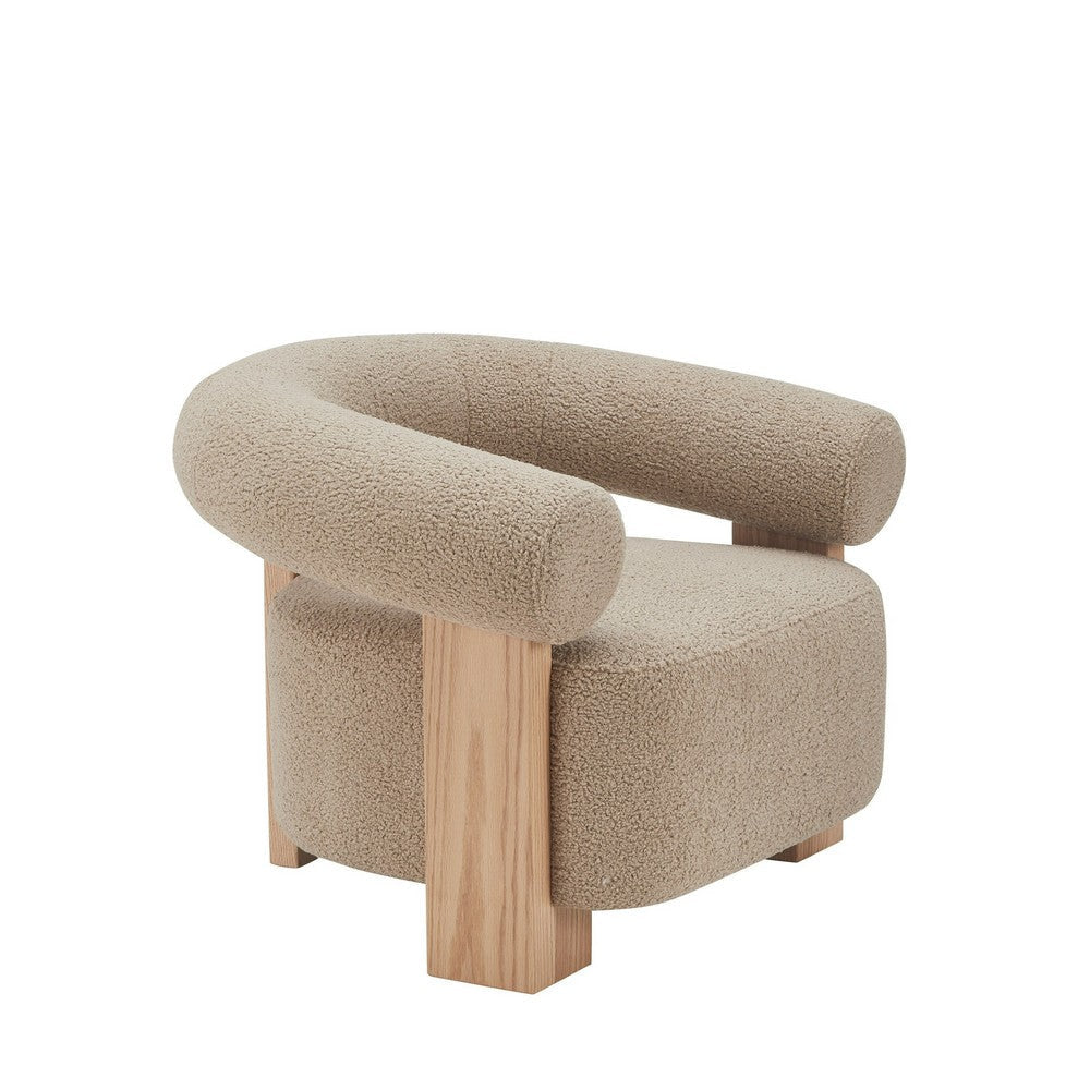 Cid Lami 37 Inch Accent Chair Tan Brown Faux Sheepskin Solid Oak Wood By Casagear Home BM317593