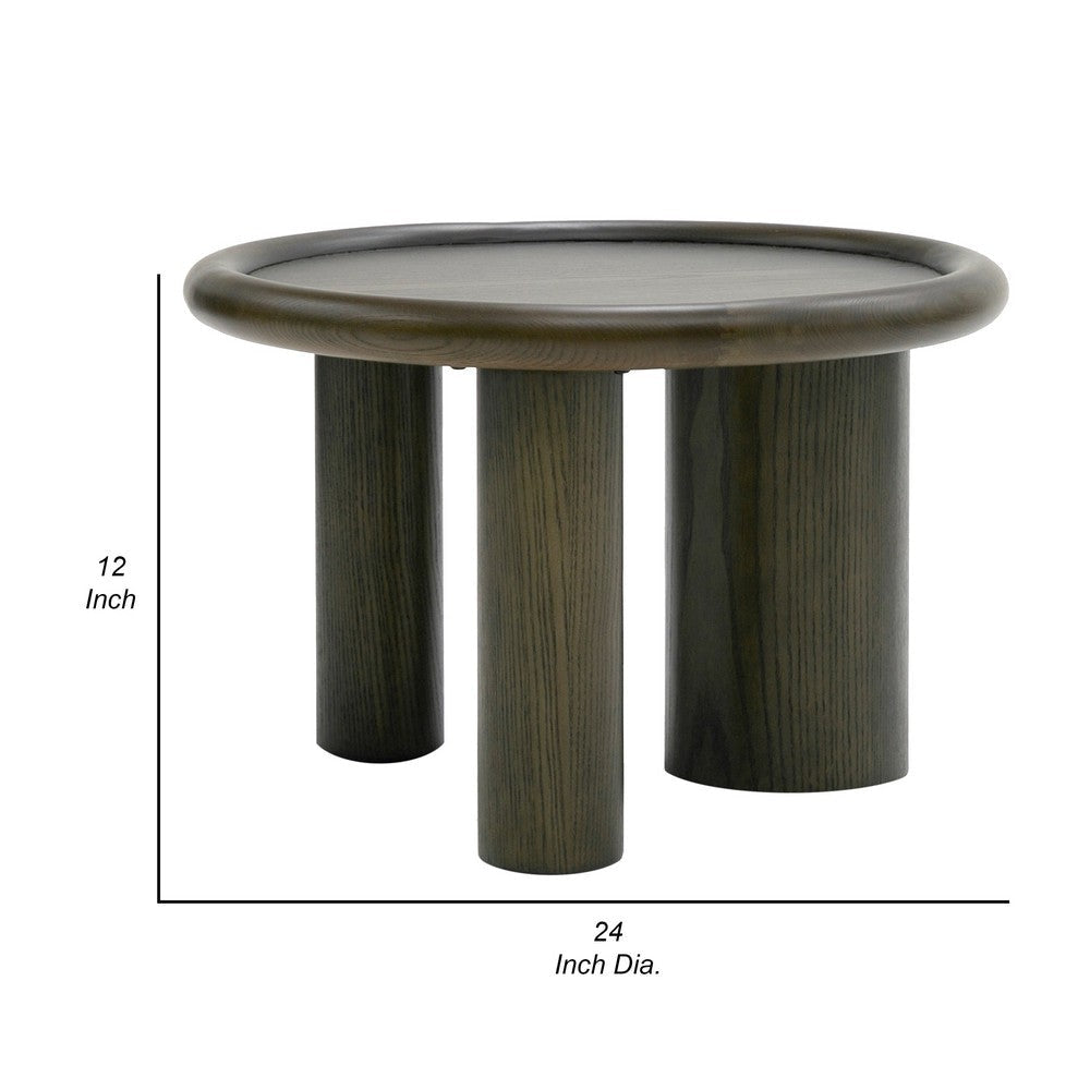 Cid Sina 24 Inch Side End Table Round Traylike Top 3 Leg Brown Ash Veneer By Casagear Home BM317610