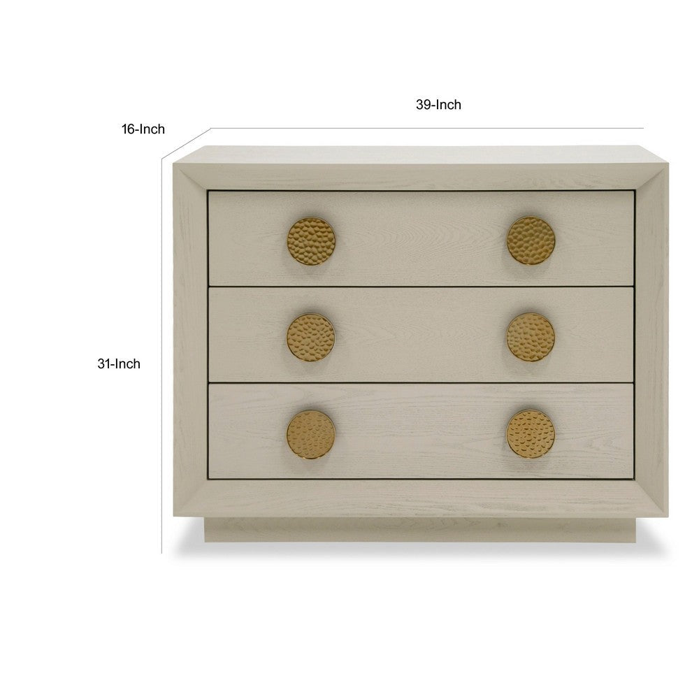 Cid Jorie 39 Inch Nightstand 3 Drawers Cream White Wood Steel Handles By Casagear Home BM317632