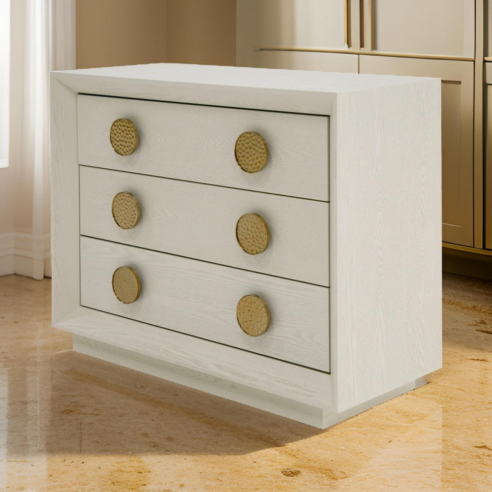 Cid Jorie 39 Inch Nightstand 3 Drawers Cream White Wood Steel Handles By Casagear Home BM317632