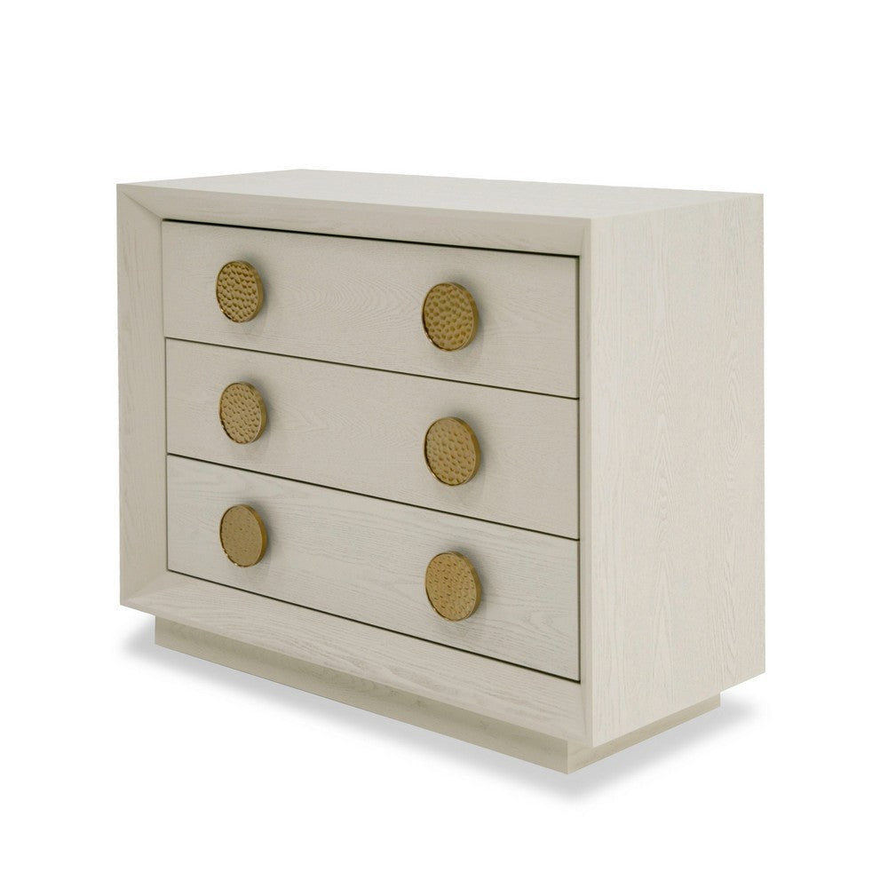 Cid Jorie 39 Inch Nightstand, 3 Drawers, Cream White Wood, Steel Handles By Casagear Home