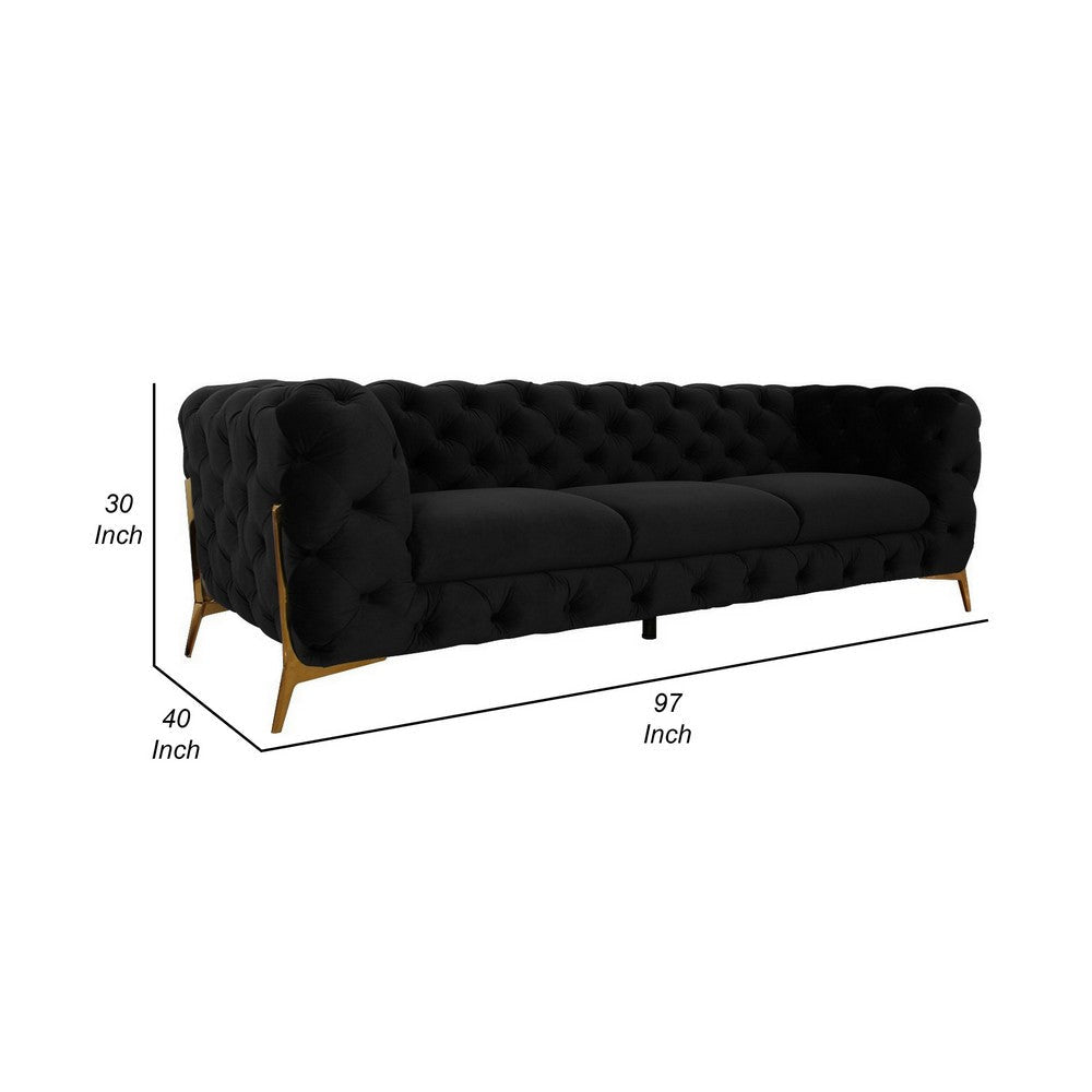 Reno Joni 97 Inch Sofa Tufted Black Velvet Metal Legs in Gold Finish By Casagear Home BM317637