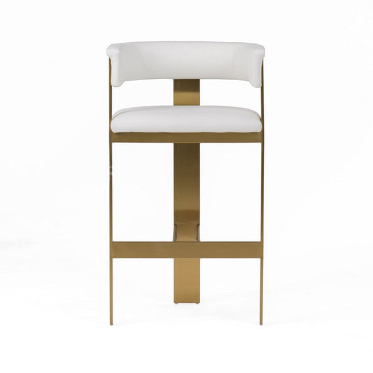 Cid Willow Barstool Chair, White Faux Leather, Gold Metal Three Leg Base By Casagear Home