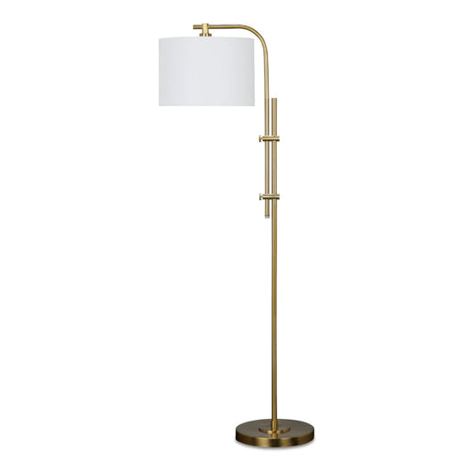 Rhys 60 Inch Floor Lamp, Adjustable Arm, White Drum Shade Round Brass Metal By Casagear Home