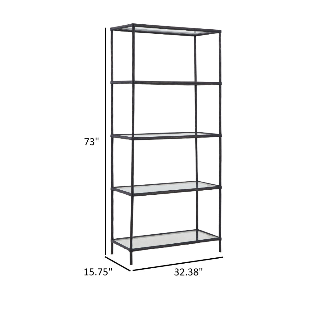 Dalie 73 Inch Bookcase 5 Tier Open Clear Glass Shelves Black Aluminum By Casagear Home BM318310