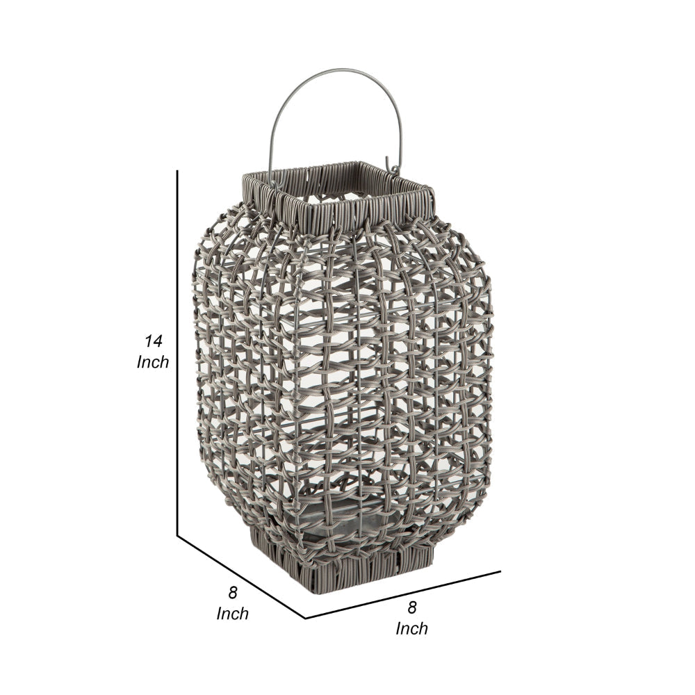 Neya Lantern Indoor Outdoor Candle Holder Bohemian Gray Faux Rattan Woven By Casagear Home BM318318