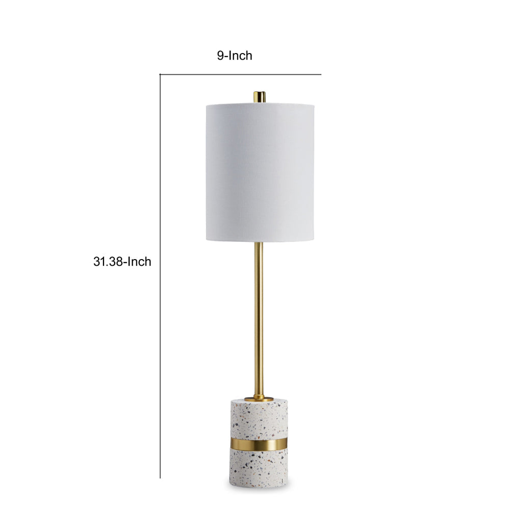 Joen 31 Inch Modern Table Lamp, Round White Terrazzo Base, Gold Brass Metal By Casagear Home