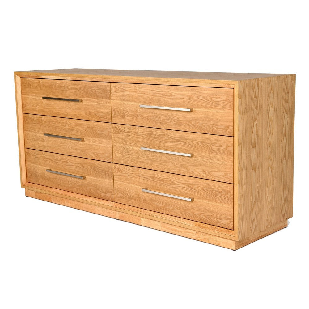 Noe Malia 68 Inch Dresser, 6 Drawers, Nickel Handles, Natural Solid Wood By Casagear Home