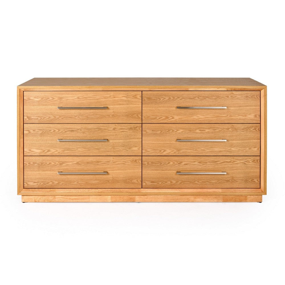 Noe Malia 68 Inch Dresser 6 Drawers Nickel Handles Natural Solid Wood By Casagear Home BM318411