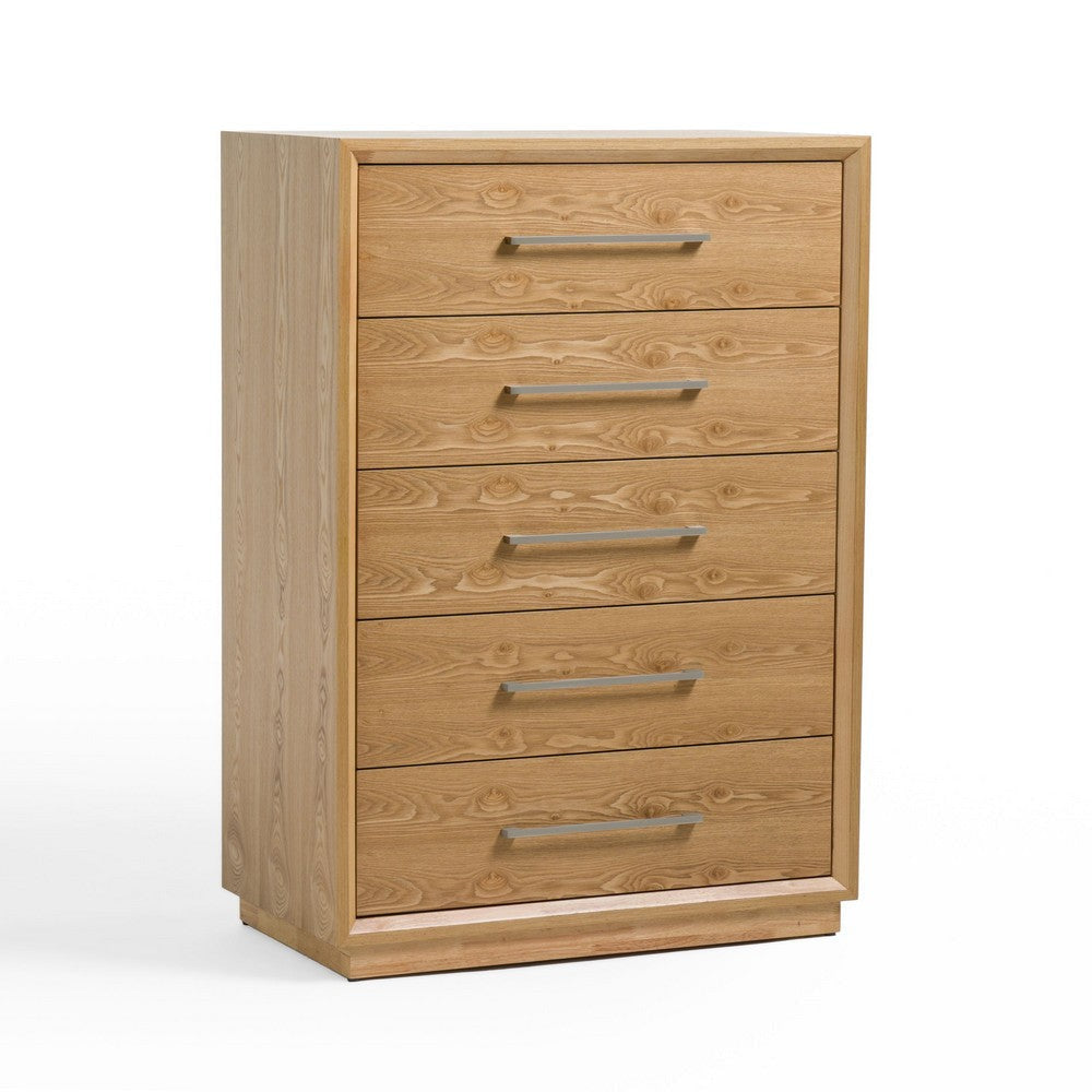 Noe Malia Tall Dresser Chest, 5 Drawers, Nickel, Natural Brown Solid Wood By Casagear Home