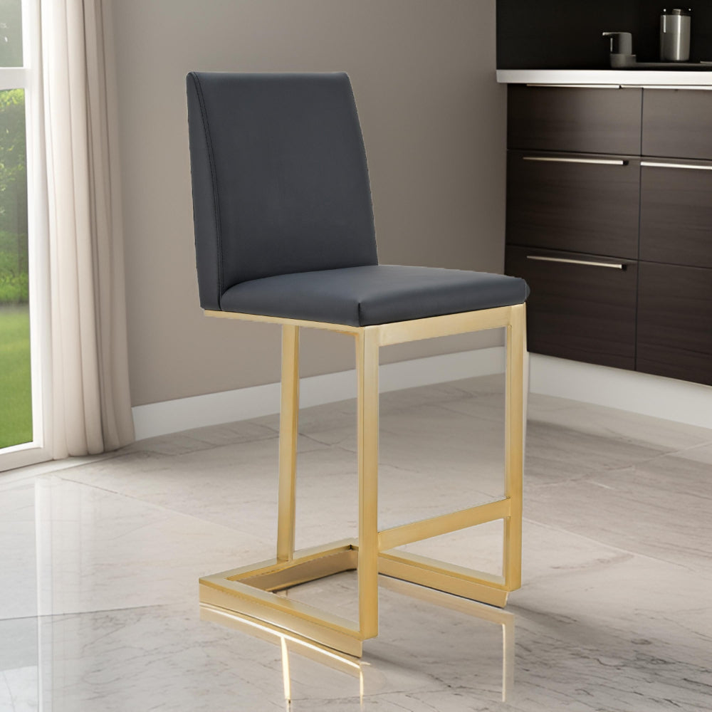 Cid Anki Counter Stool Chair, Dark Gray Faux Leather, Brass Stainless Steel By Casagear Home