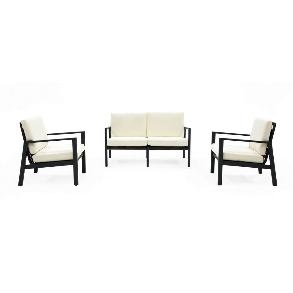 Eni 3 Piece Sofa Set with 2 Chairs Outdoor Woven Rattan and Acacia Wood By Casagear Home BM318447