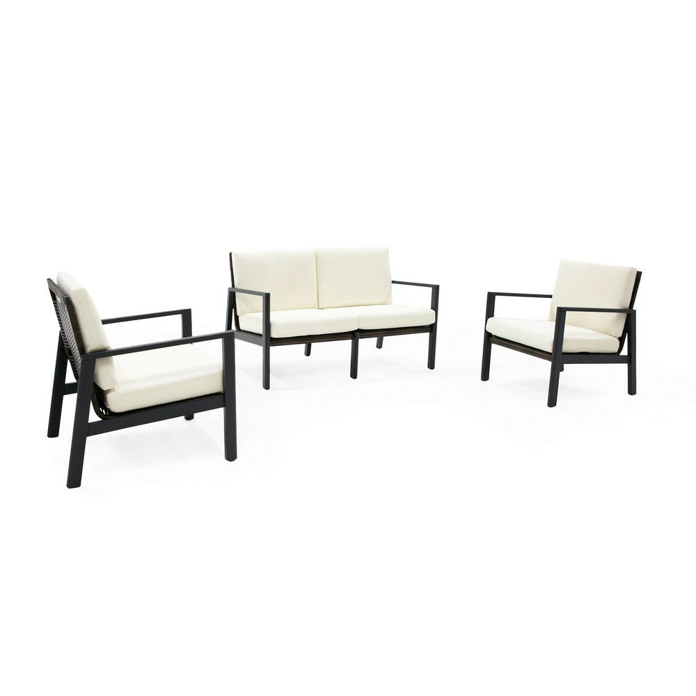 Eni 3 Piece Sofa Set with 2 Chairs, Outdoor, Woven Rattan and Acacia Wood By Casagear Home