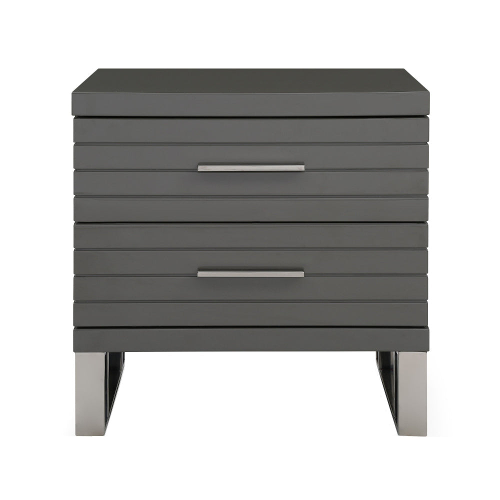 28 Inch Nightstand 2 Drawers with Metal Handles Slatted Design Gray By Casagear Home BM318450