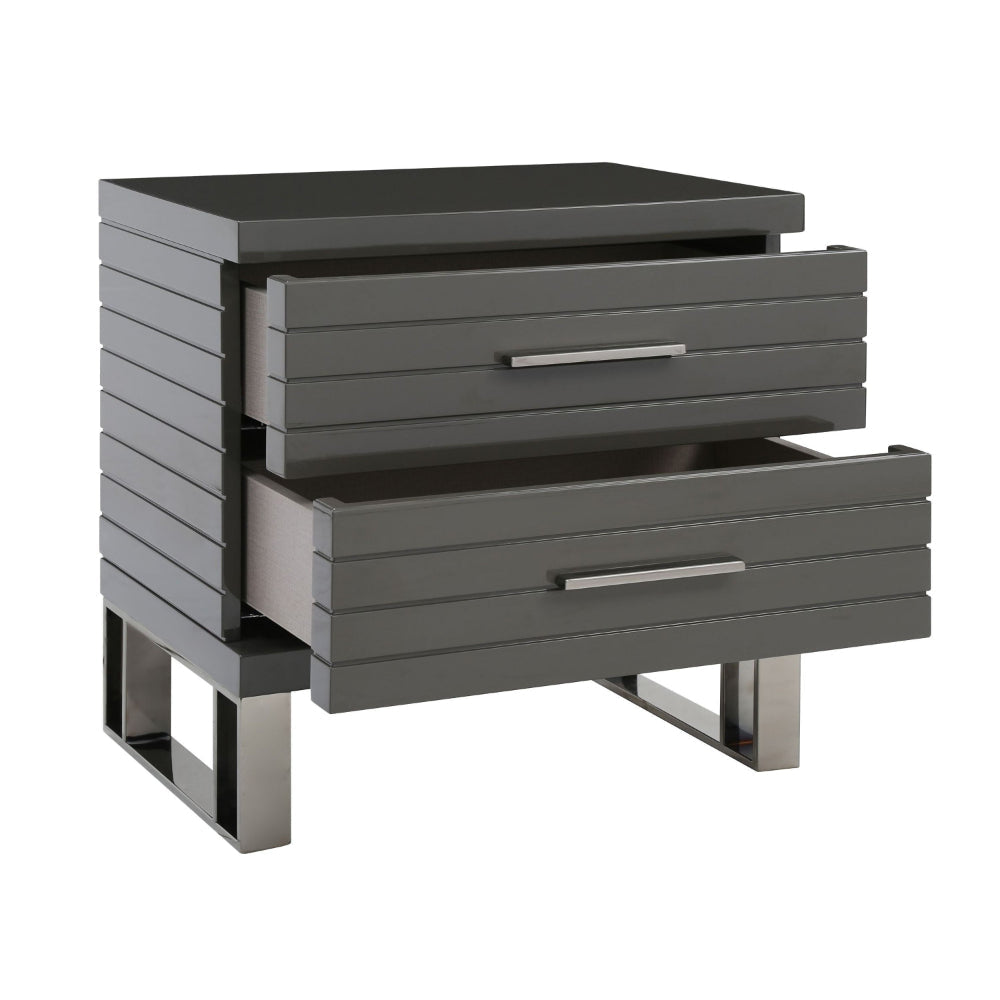 28 Inch Nightstand 2 Drawers with Metal Handles Slatted Design Gray By Casagear Home BM318450